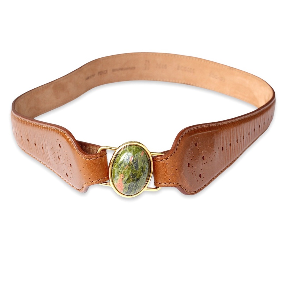 Fendi Unakite Cabochon Gemstone Belt Perforated Brown Genuine Leather Size 30
